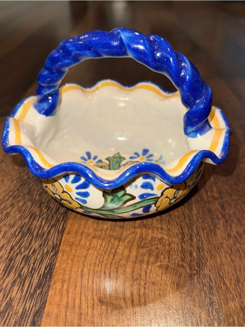 Hand-Painted Ceramic Decorative Basket in Blue and Yellow